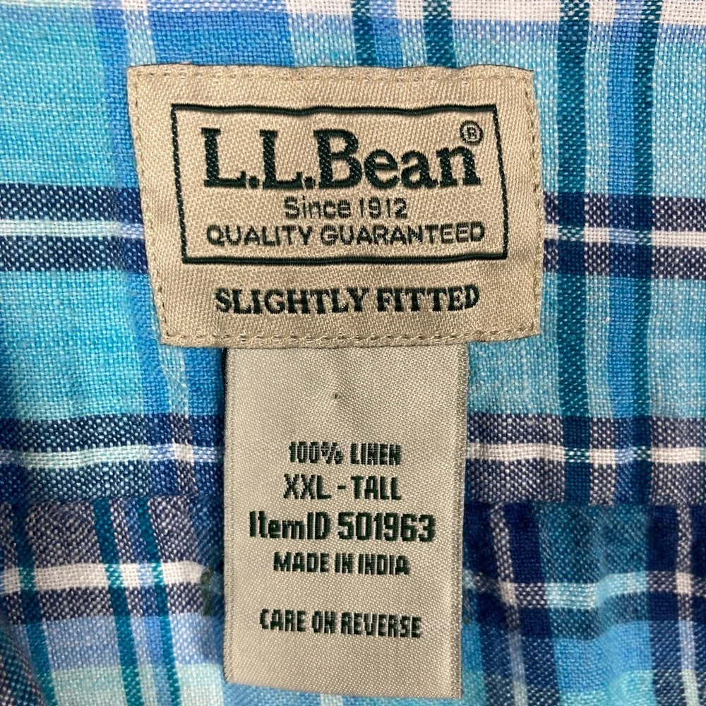 LL Bean Linen Button Shirt Mens XXL Tall Blue Plaid Short Sleeve Slightly Fitted